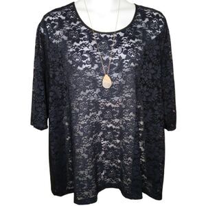 Catherines Navy Blue Lace Hi Low 3/4 Slv Pullover Top Size 3X
